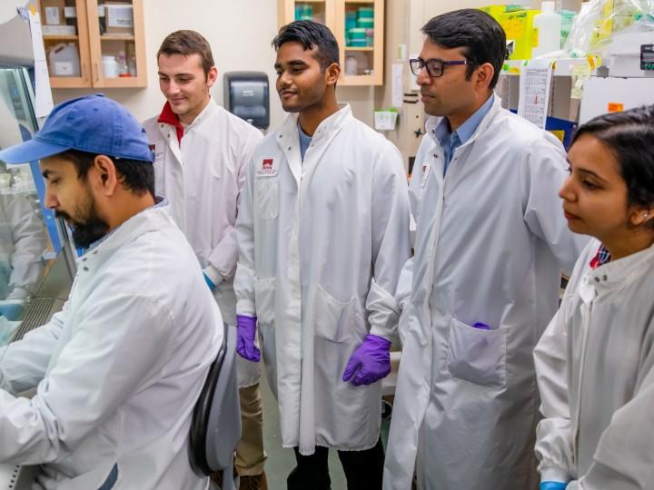 A group of students gather together around a lab project